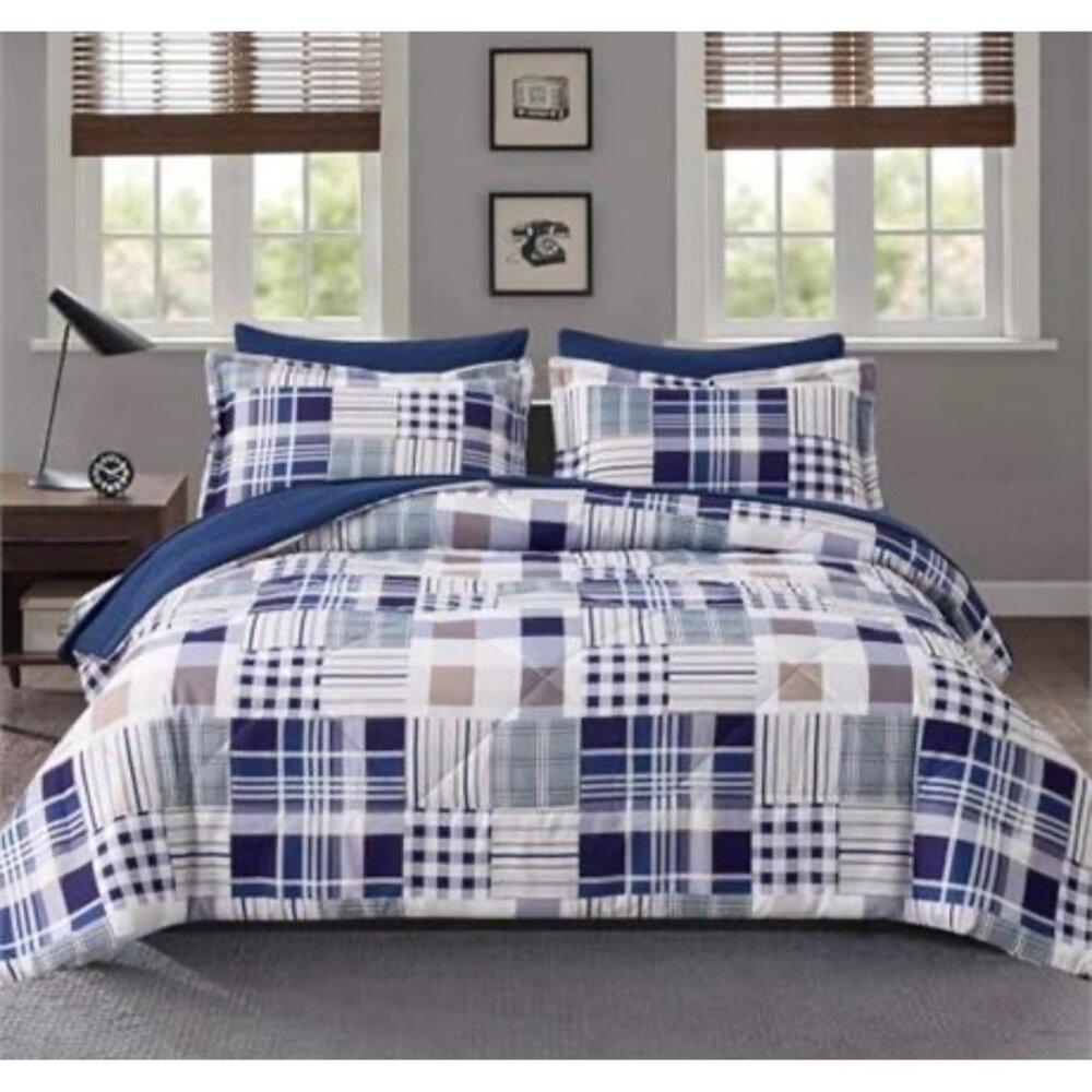 Comforter Set King Size Plaid Patchwork Comforter Bedding-7 Piece Bed in a Bag,S